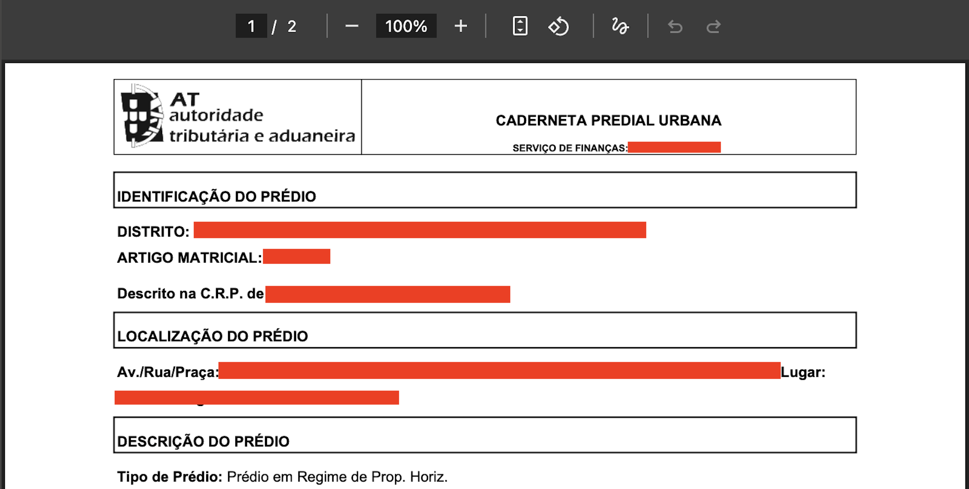 Cabeçalho de uma caderneta predial urbana emitida pelo Portal das Finanças