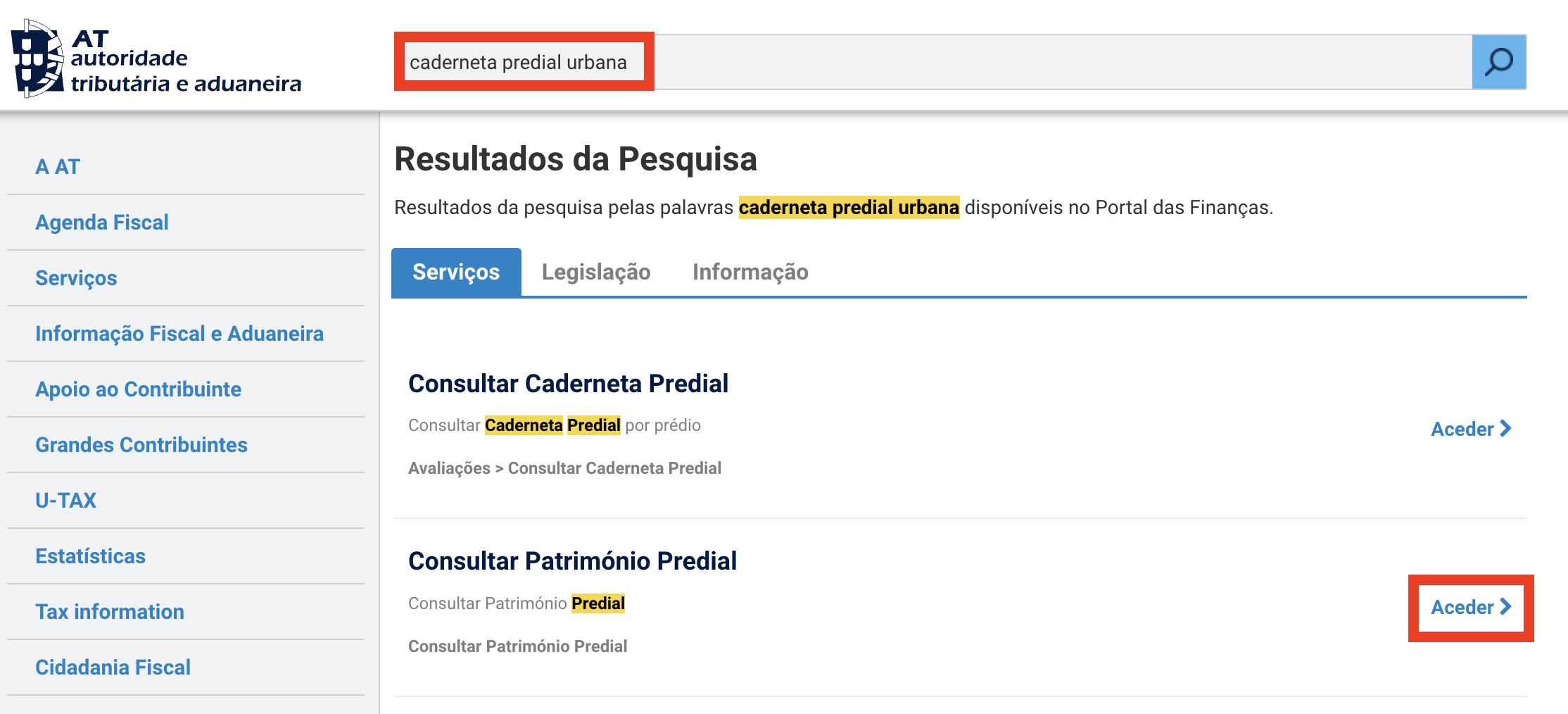 Pesquisa de "caderneta predial urbana" no Portal das Finanças, com o resultado "Consultar património predial"