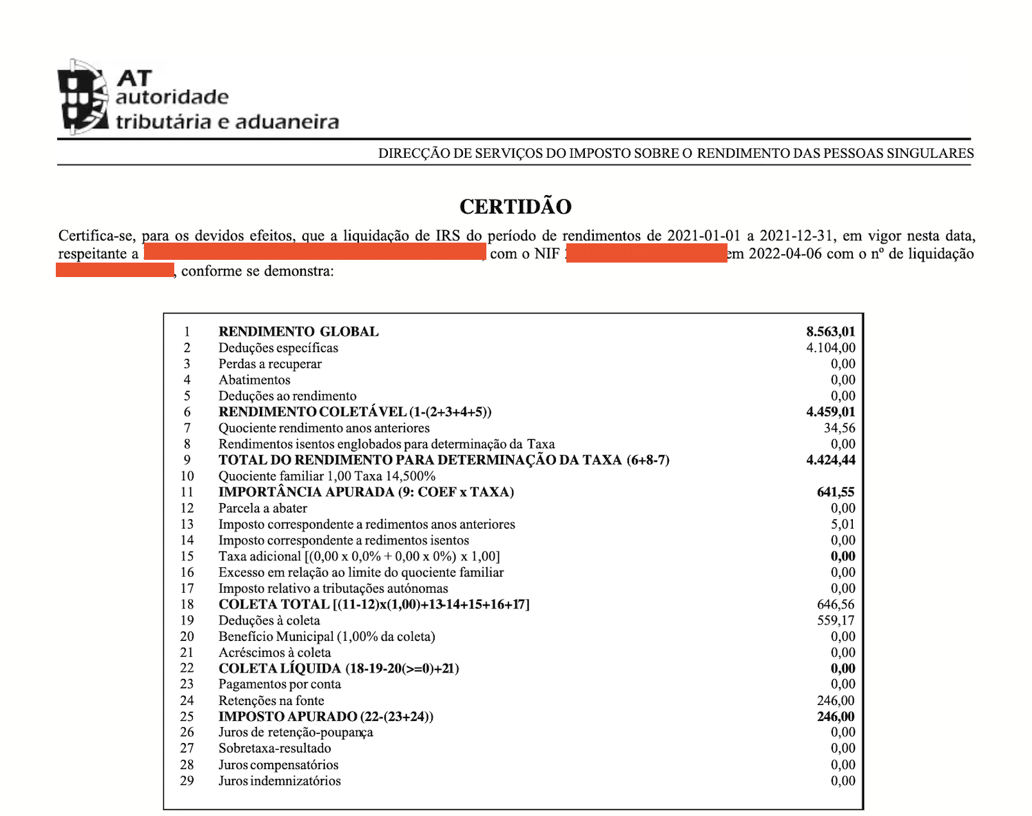 Exemplo de certidão de liquidação de IRS emitida pela Autoridade Tributária