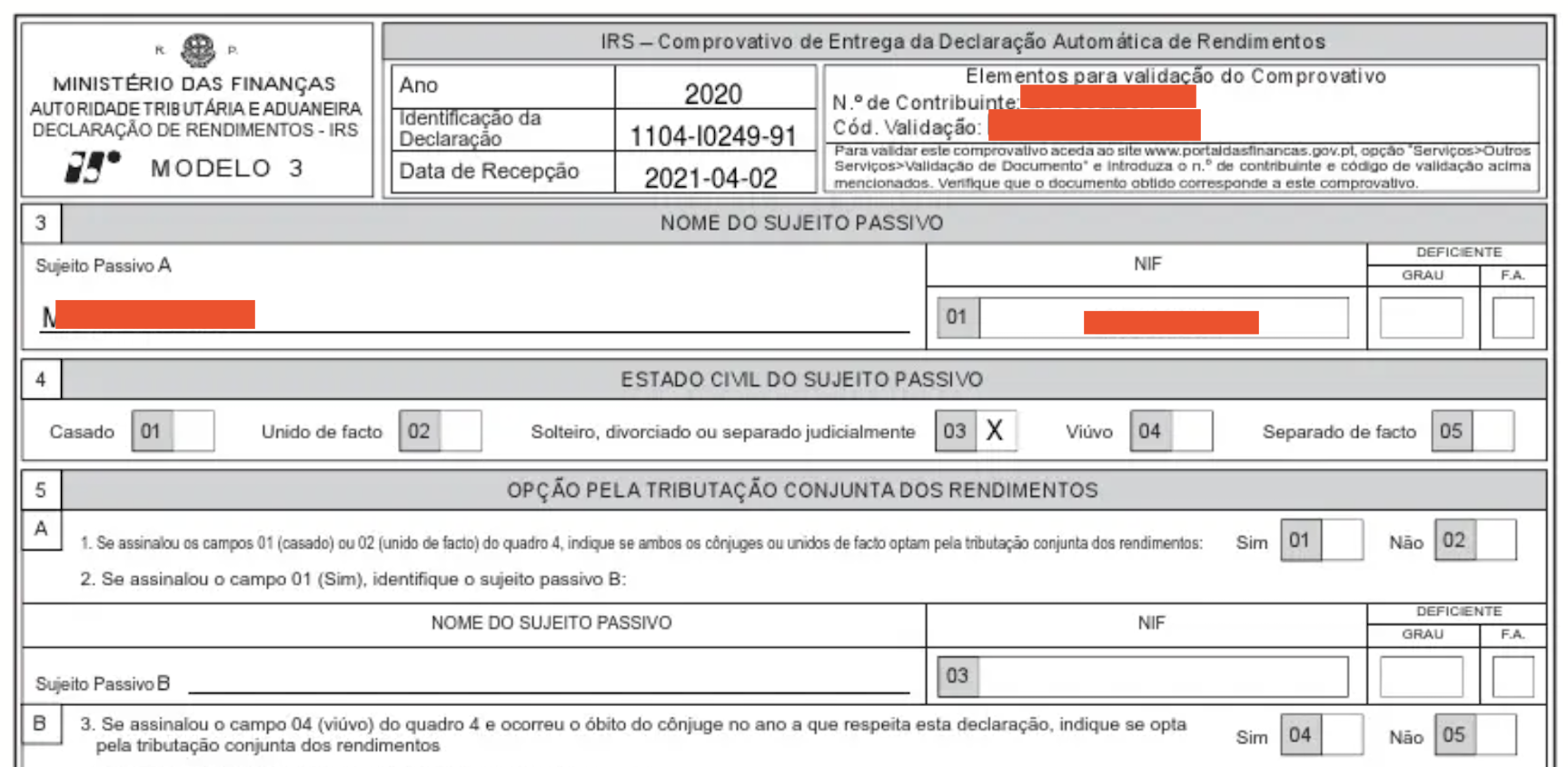 Exemplo de comprovativo de entrega da Declaração de Rendimentos - Modelo 3